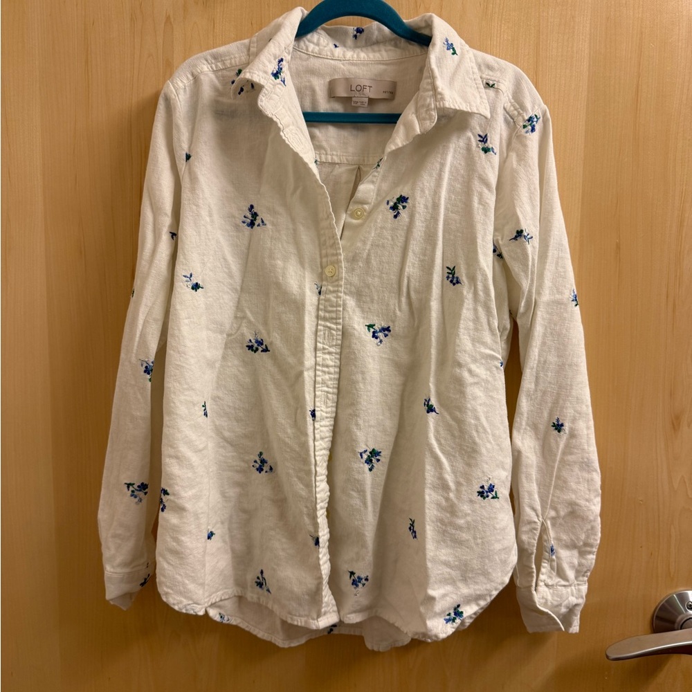 LOFT White Shirt with Blue Embroidery